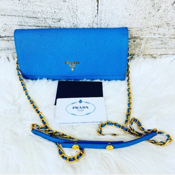 Prada Handbags - New PRADA BLUE SAFFIANO LEATHER WALLET ON CHAIN